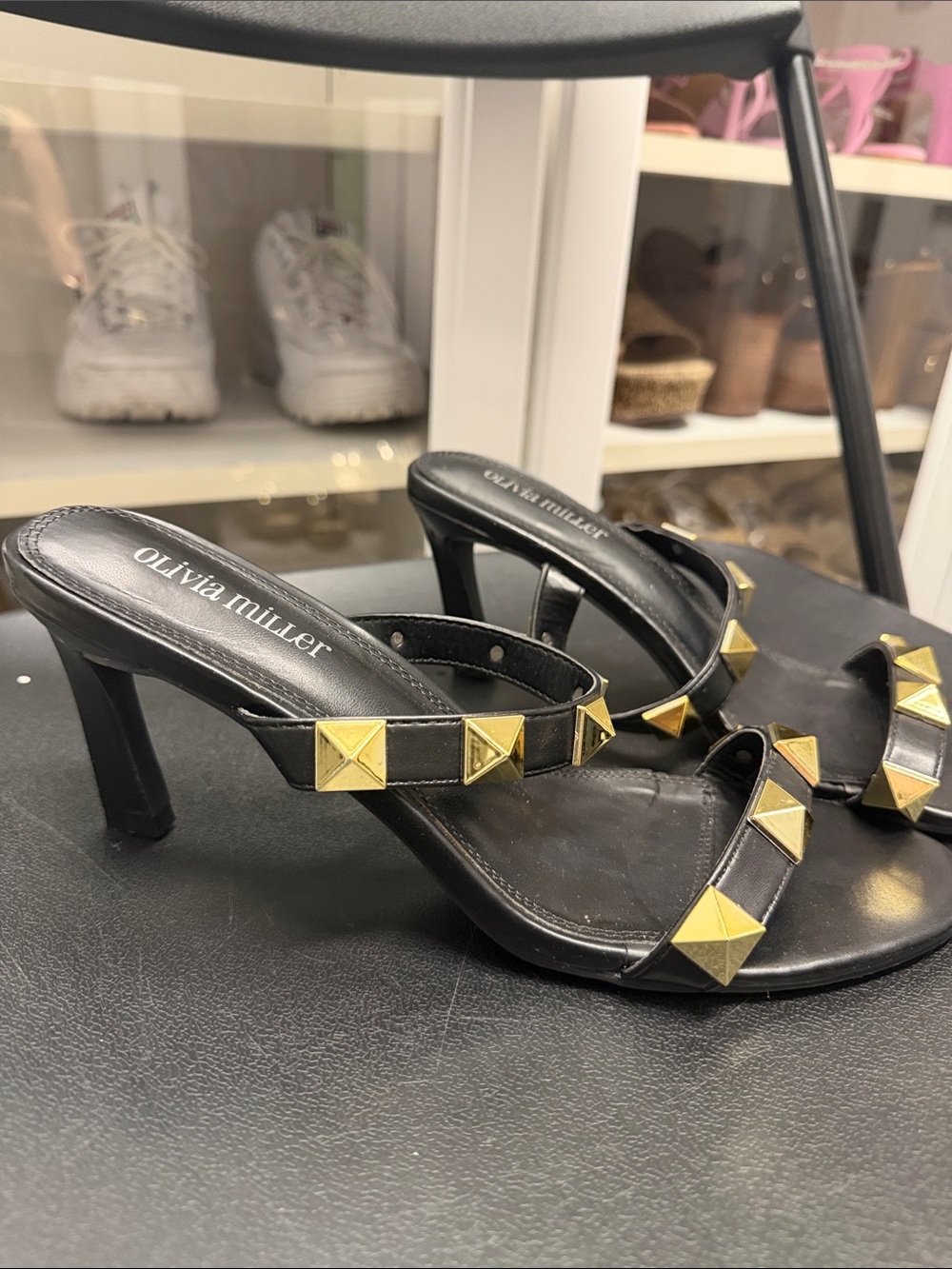 Olivia Miller Black Leather Studded Heeled Mules with Gold Accents